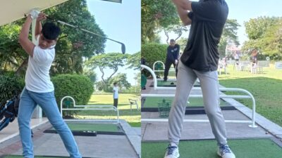 Dedek (kiri) dan Muhamad Shihab rutin melakukan latihan golf di Bukit Darmo Golf (BDG) Surabaya. (foto:samsul-harianradar.com).