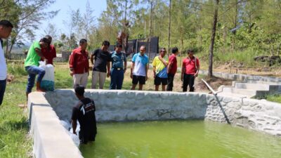 Foto : Danlanal Tegal Tabur Benih Ikan Koi Di Kolam Kali Bakung Kabupaten Tegal