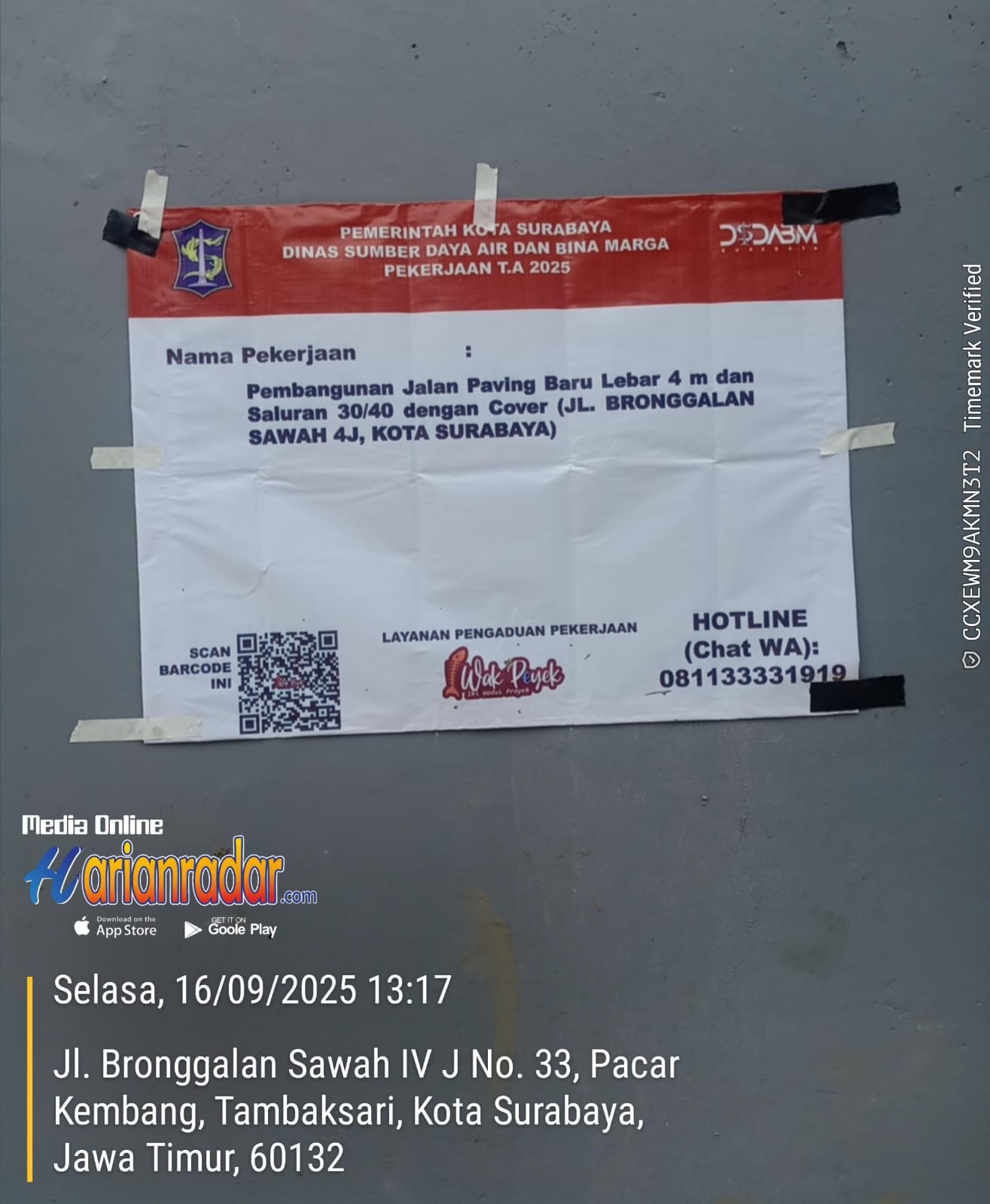 Papan Nama Proyek Jalan Bronggalan Sawah 4J Surabaya