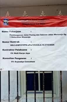 Papan Nama Proyek pembangunan jalan paving dan saluran drainase di Jl. Wonorejo I, Kecamatan Rungkut, Surabaya