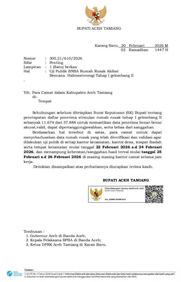 Pemerintah Kabupaten Aceh Tamiang melaksanakan uji publik terhadap daftar calon penerima stimulan rumah rusak Tahap I Gelombang II
