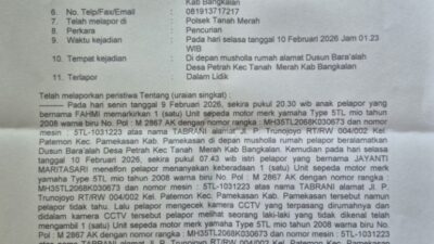 Surat Tanda Terima Laporan/Pengaduan Masyarakat Nomor: LPM/9/RESKRIM/II/2026/SPKT/POLSEK TANAH MERAH/POLRES BANGKALAN