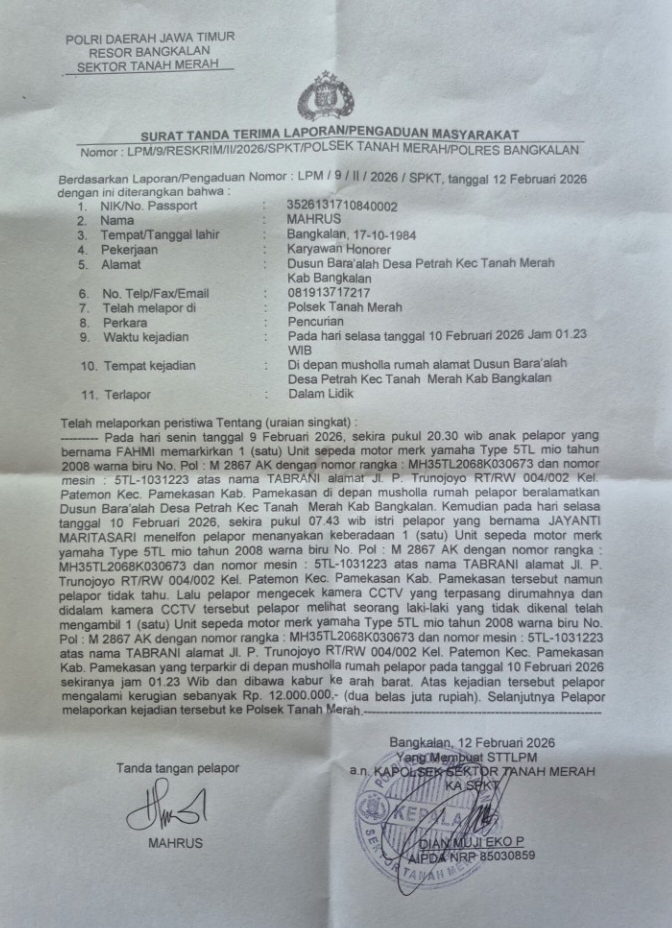 Surat Tanda Terima Laporan/Pengaduan Masyarakat Nomor: LPM/9/RESKRIM/II/2026/SPKT/POLSEK TANAH MERAH/POLRES BANGKALAN