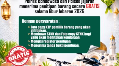 Polres Bondowoso meluncurkan layanan penitipan kendaraan barang berharga gratis bagi seluruh warga Kabupaten Bondowoso yang pulang kampung.