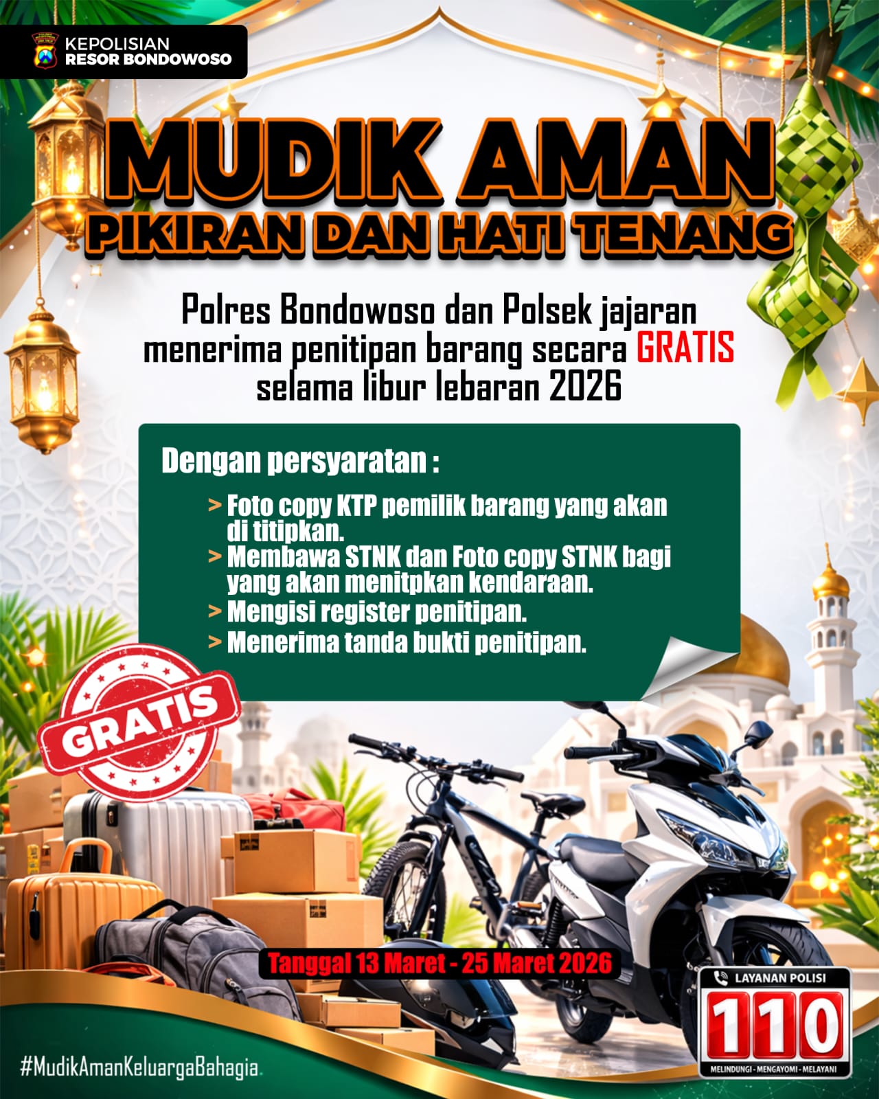 Polres Bondowoso meluncurkan layanan penitipan kendaraan barang berharga gratis bagi seluruh warga Kabupaten Bondowoso yang pulang kampung.