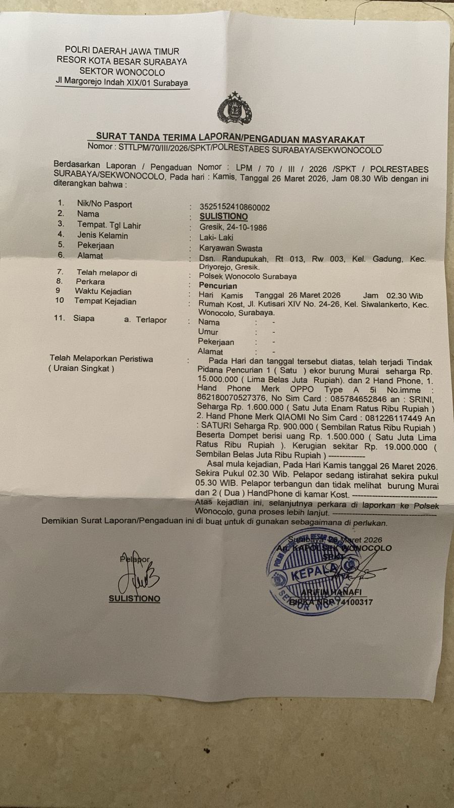 Pimred Kalibernews Jatim Jadi Korban Pencurian di Wonocolo, Kerugian Rp19 Juta