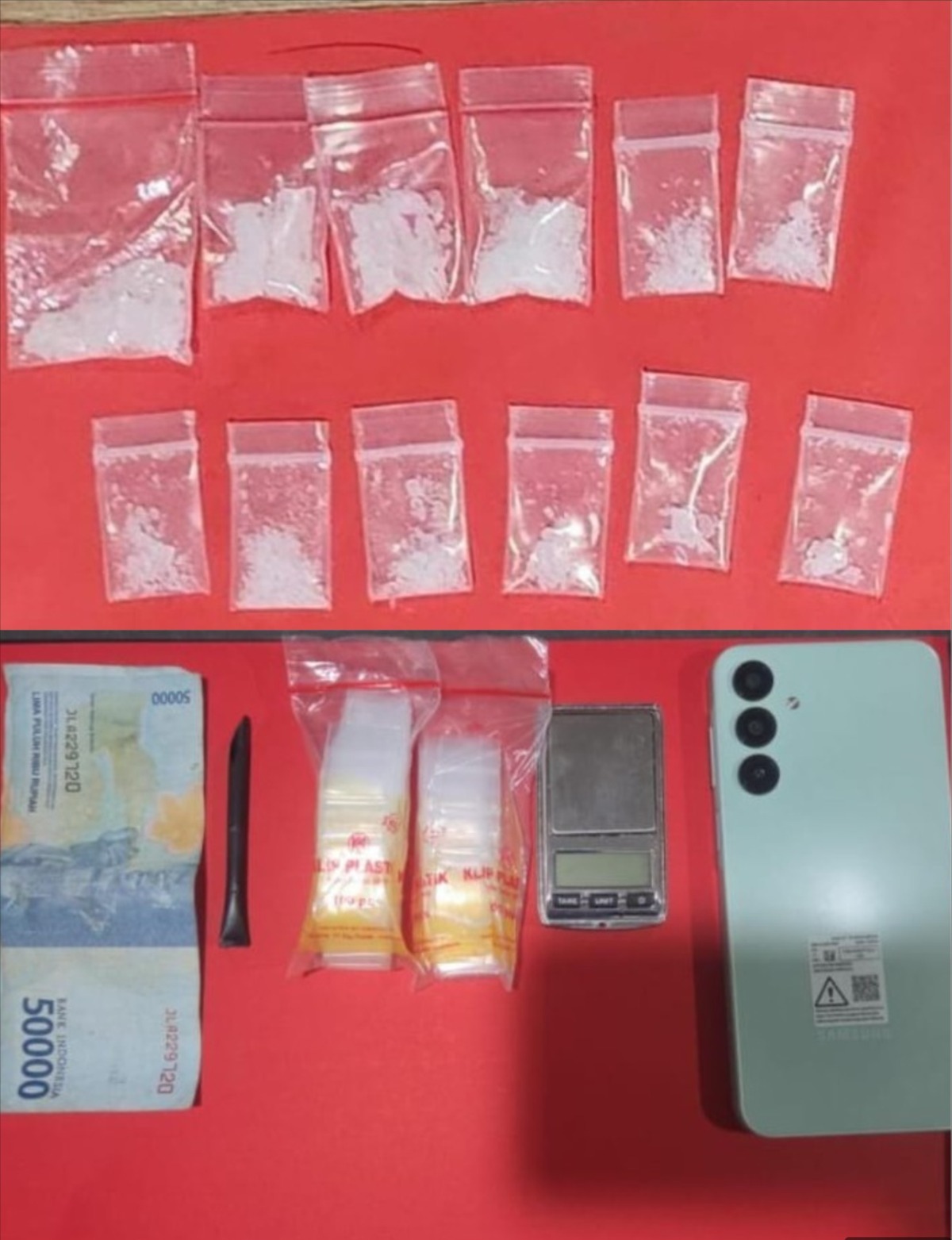 Barang bukti tersebut meliputi 12 paket plastik klip kecil berisi sabu dengan berat bruto total 6,77 gram, 1 unit timbangan digital, 2 bendel plastik klip kosong, 4 buah skrop dari sedotan warna hitam dan 1 unit telepon seluler