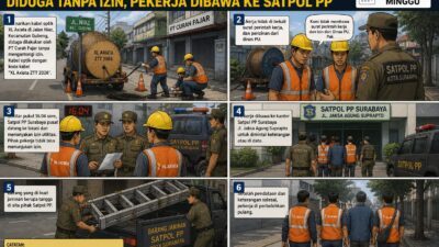 Diduga Tanpa Izin, Proyek Penarikan Kabel Optik XL di Gubeng Dihentikan Satpol PP Kota Surabaya