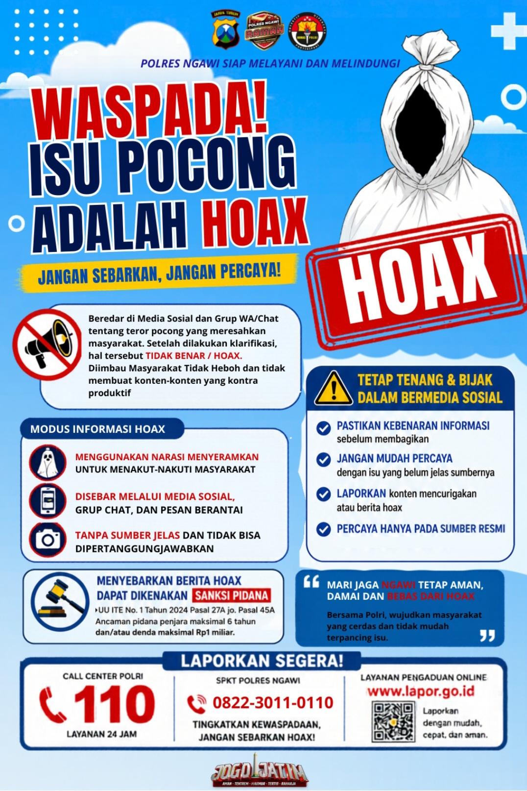 Jagat maya dan grup percakapan WhatsApp warga Ngawi baru-baru ini digemparkan oleh peredaran foto dan pesan berantai mengenai teror "pocong jadi-jadian". Hoax