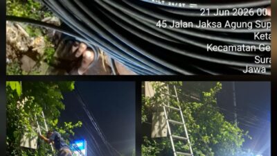 5 pekerja melakukan penarikan kabel fiber optik iForte