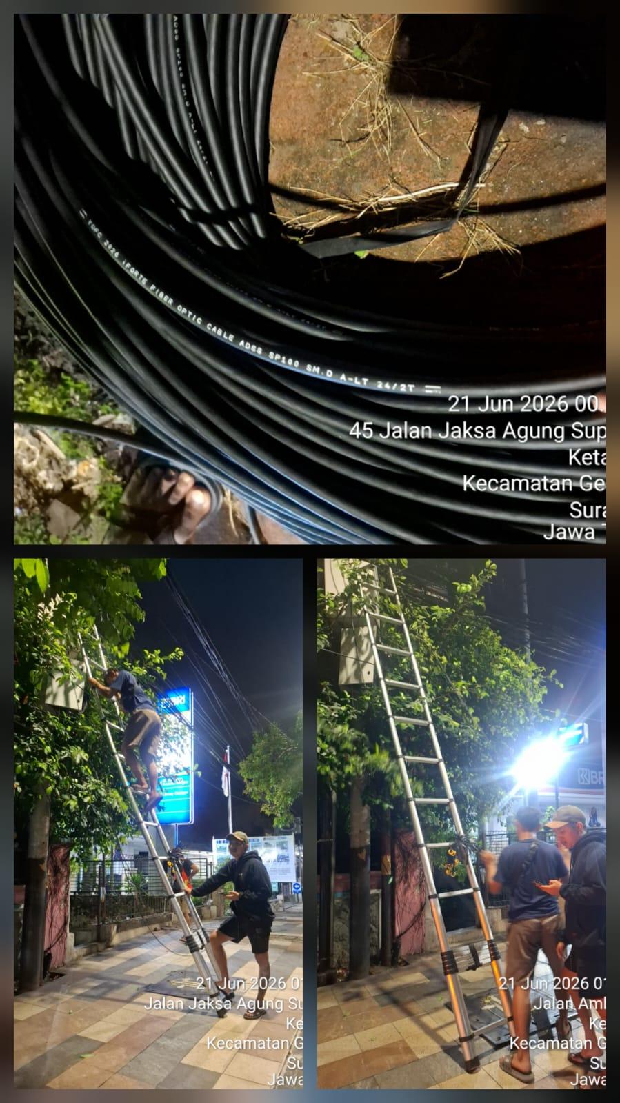 5 pekerja melakukan penarikan kabel fiber optik iForte