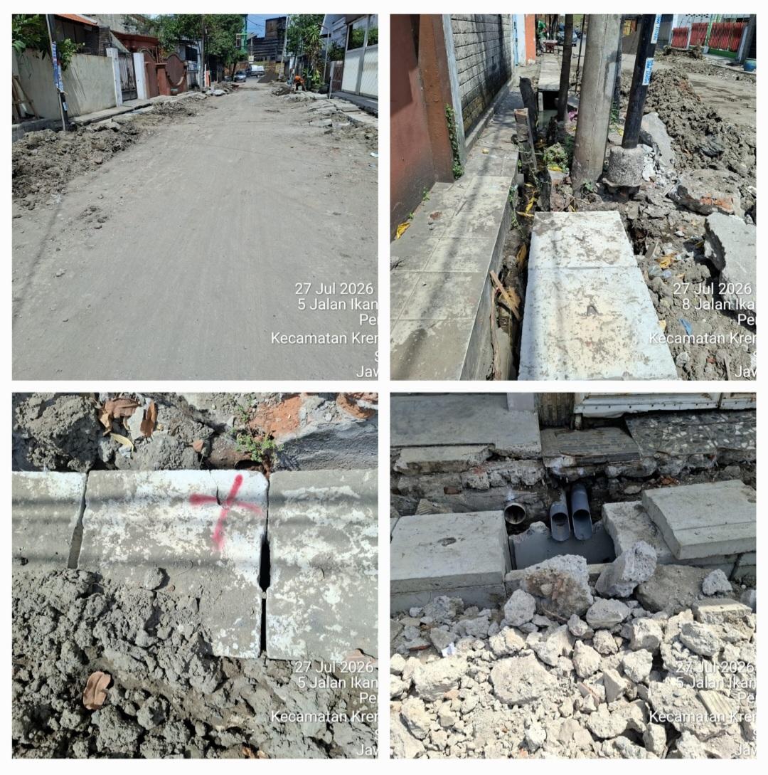 Sisa tumpukan tanah, cover u-ditc retak, tutup u-ditc belum dipasang adanya pipa SR PDAM bocor