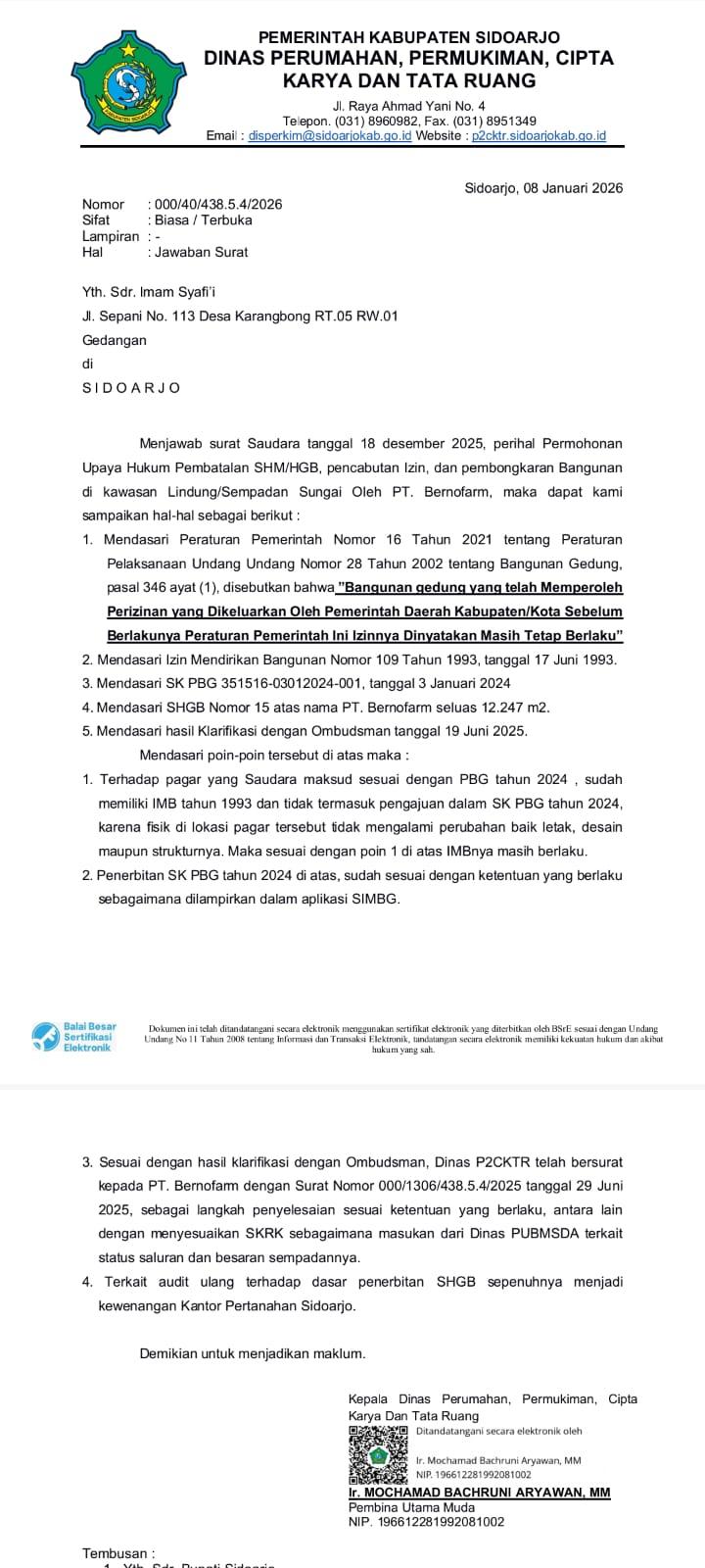 Dokumen Surat Jawaban Dinas P2CKTR Sidoarjo Nomor: 000/40/438.5.4/2026 tertanggal 8 Januari 2026