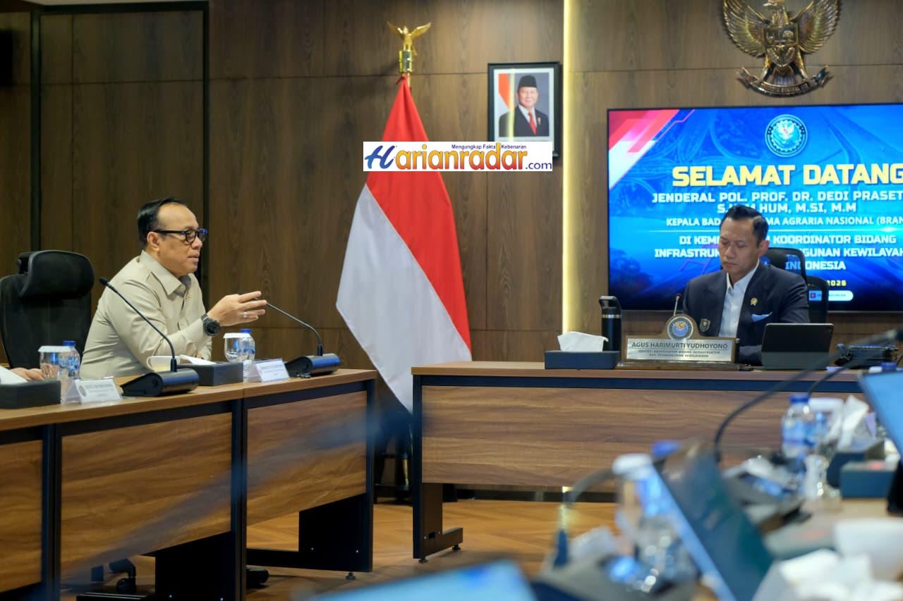 Menteri Koordinator Bidang Infrastruktur dan Pembangunan Kewilayahan, Dr. Agus Harimurti Yudhoyono, M.Sc., M.P.A., M.A., menerima Kepala Badan Reforma Agraria Nasional (BRAN), Jenderal Polisi Prof. Dr. Dedi Prasetyo, S.H., M.Hum., M.Si., M.M.,